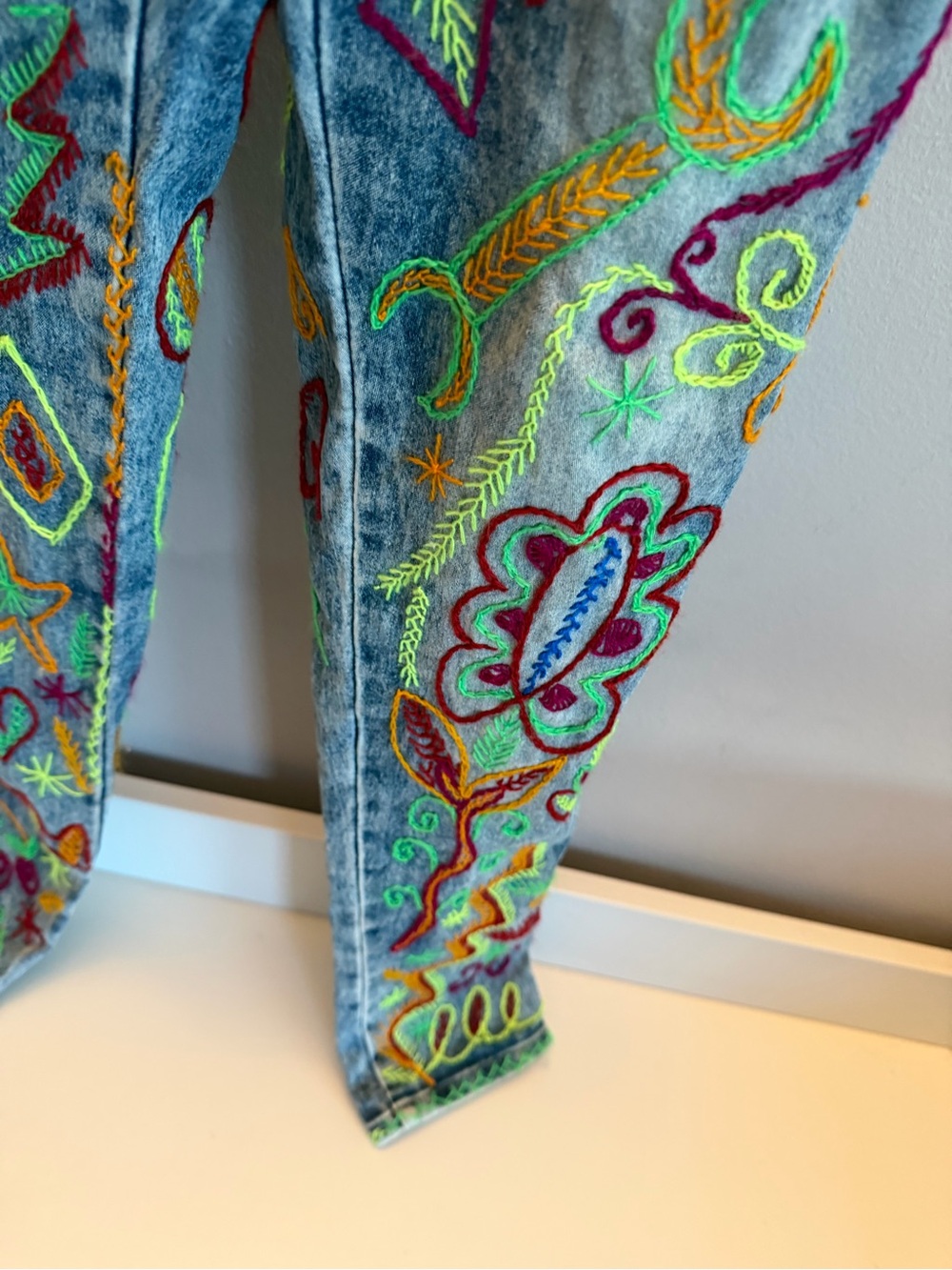 Custom Hand Embroidered Denim Overalls Light Wash Acid Jeans Neon Folk Art Style - Picture 5 of 11